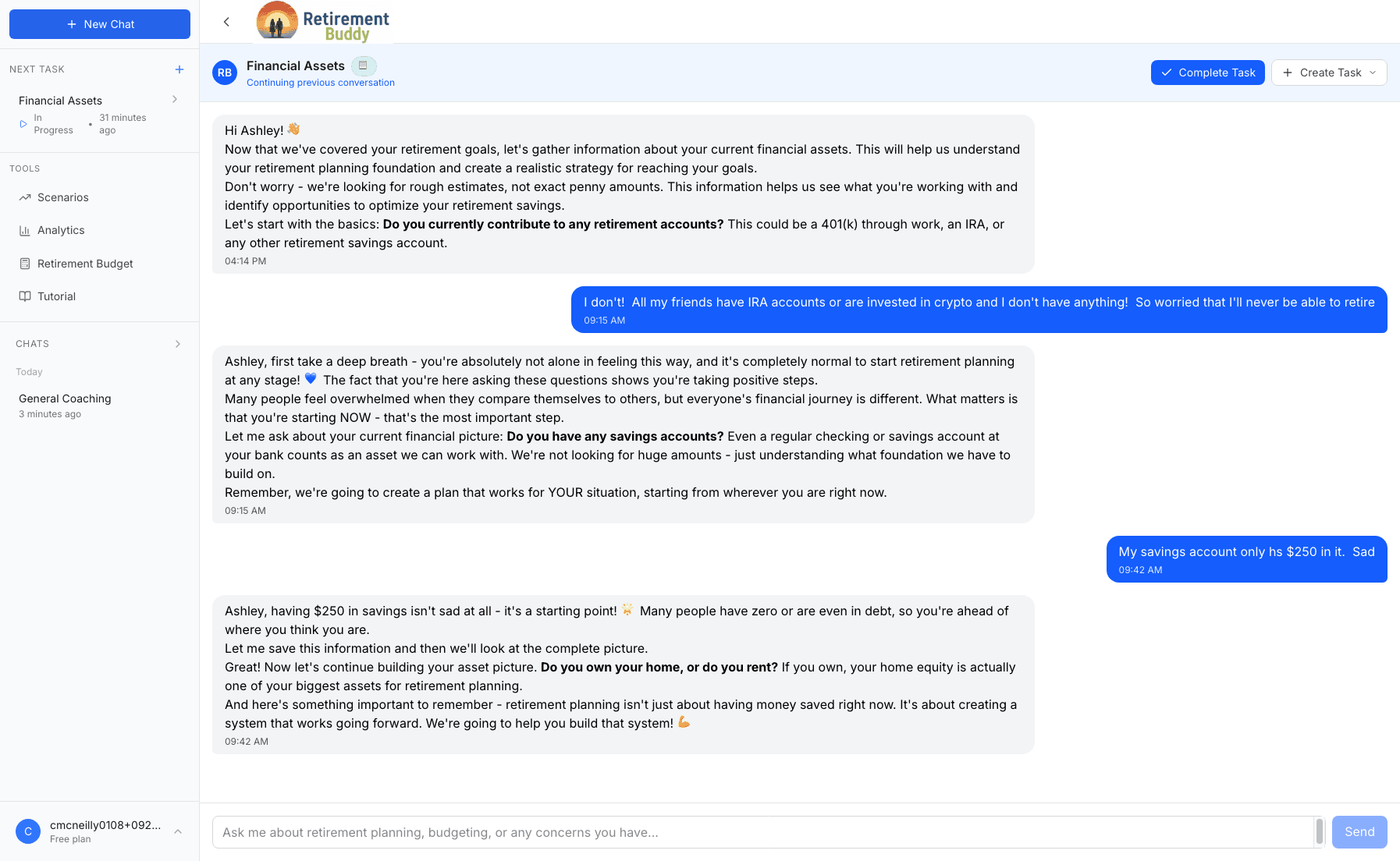 Retirement Buddy emotional support interface showing empathetic AI conversations and anxiety-reducing retirement guidance
