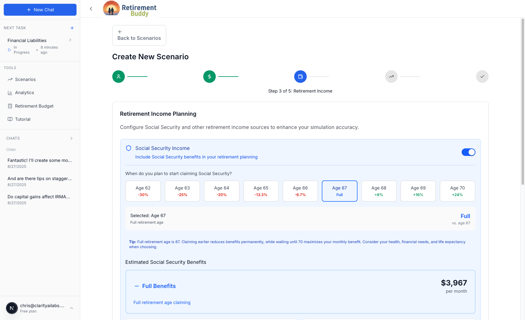 Retirement Buddy retirement planning dashboard showing Monte Carlo simulation results and probability distributions