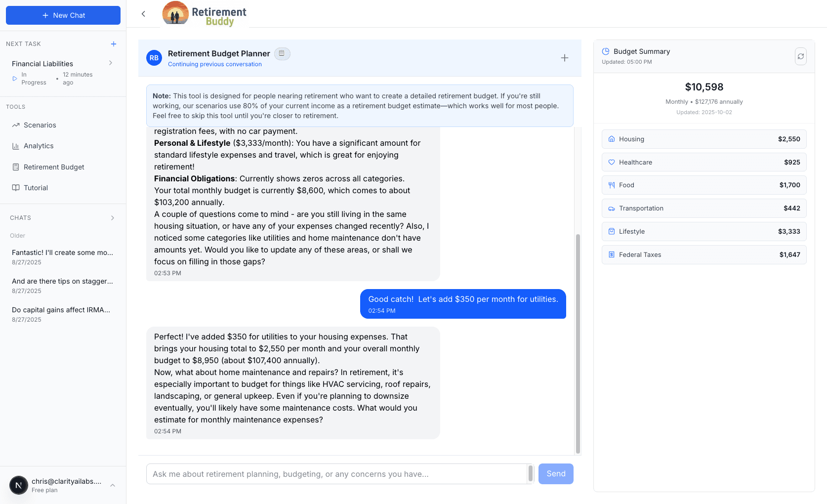 Retirement Buddy budget planning interface showing conversational retirement budget creation and scenario planning